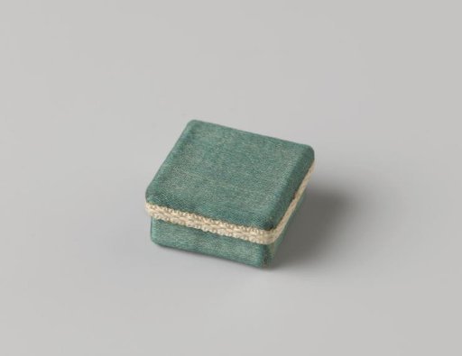 Box with lid, square, covered in blue-green silk and trimmed with white ribbon