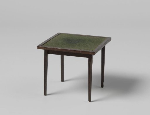 Playing table, nearly square, the top covered with green cloth