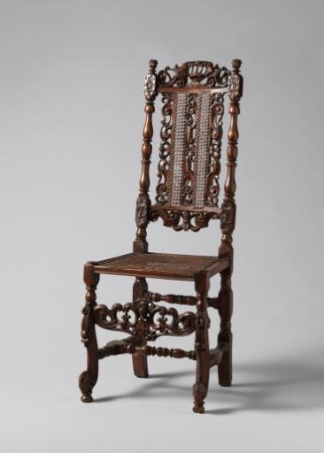 Chair with Wicker Upholstery, S-Shaped Front and Rear Legs with Dolphins. Upper Stile with Openwork Crown Above a Fish, Between Dolphin Heads and Volutes. Front Rail with Coat of Arms Between Volutes