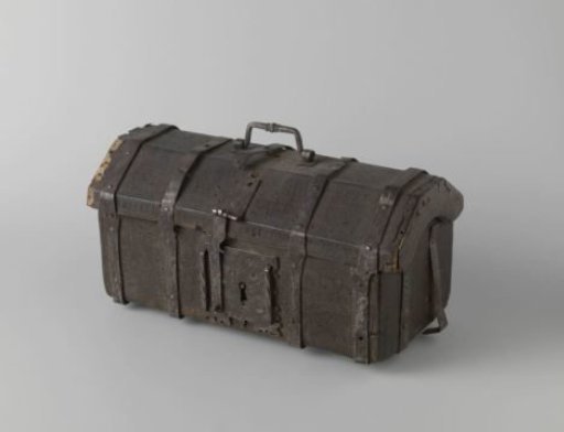 Chest, covered with leather, with embossed figures