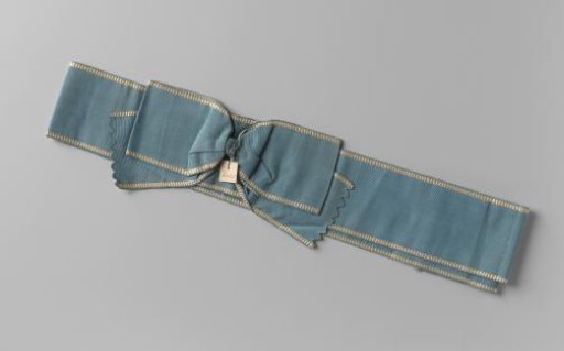 Ribbon with bow of blue silk with white (or faded orange) edging