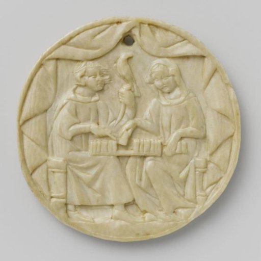 Cover of a mirror case with a man and a woman playing chess