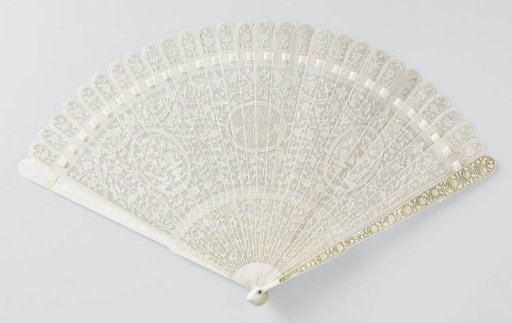 Brisé fan of ivory, carved in relief with flowers and vines, and provided with three oval medallions, the central one inscribed 'Sacred to Love'