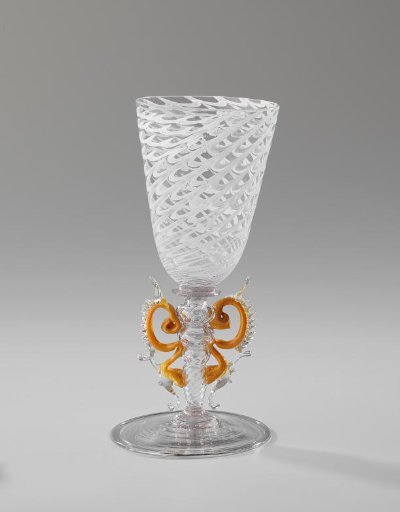 Winged glass with a funnel-shaped stem with white combed threads
