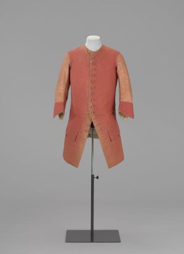 Vest with round neck, armholes, and 13 buttons and buttonholes, of red brocaded silk with knots; long sleeves and back largely of brown glazed linen (?).