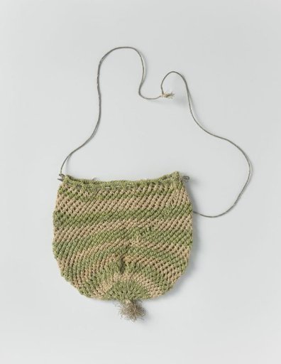 Small, round purse of knotted silk, alternating in horizontal green and beige bands