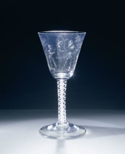 Drinking glass with two Chinese figures and a parrot