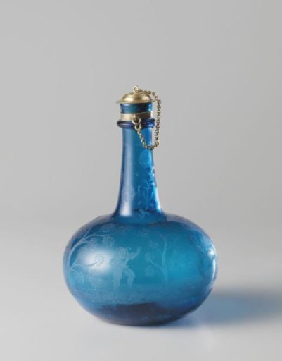 Bottle with figures in a landscape with trees