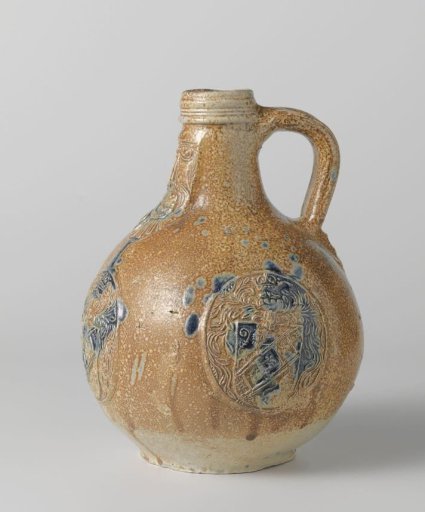 Jug with a bearded man and three medallions with coats of arms