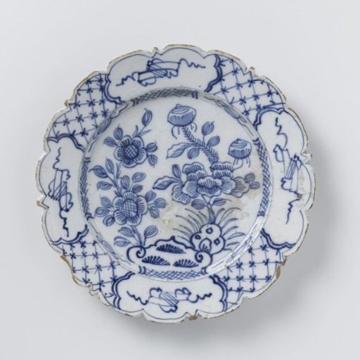 Plate with bracketed border and blue-and-white decoration