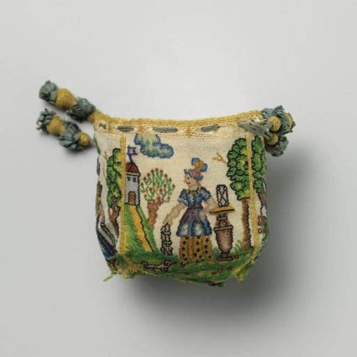 Pouch with four tassels, of silk with the Four Cardinal Virtues: Prudence, Justice, Temperance and Courage knitted in multicoloured glass beads, with drawstring and large acorns with tassels