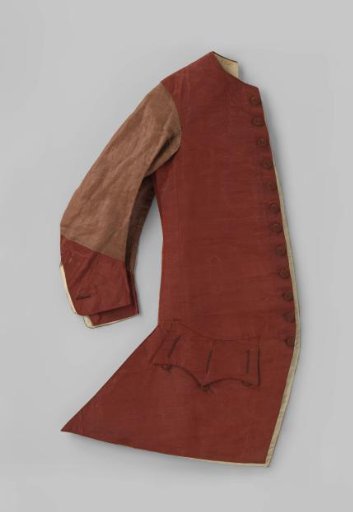 Long Vest with Twelve Fabric Buttons of Reddish-Brown Moiré Taffeta; the Long Sleeves and Part of the Back are of Brown Glazed Linen Combined with the Moiré Taffeta