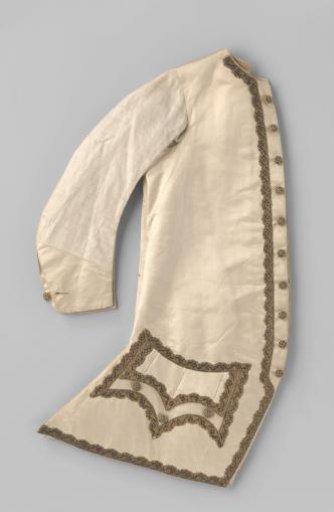 Jacket of white satin with passementerie of gold and metal thread and ten buttons of metal thread under a blind fastening; back and sleeves largely of glazed white linen
