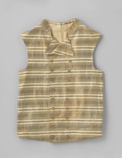 Waistcoat with standing collar, lapels and two times nine fabric buttons of narrow and broad striped white cotton and gold brocade; lining of cream linen