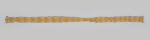 Garter of silk, crocheted in white with yellow squares