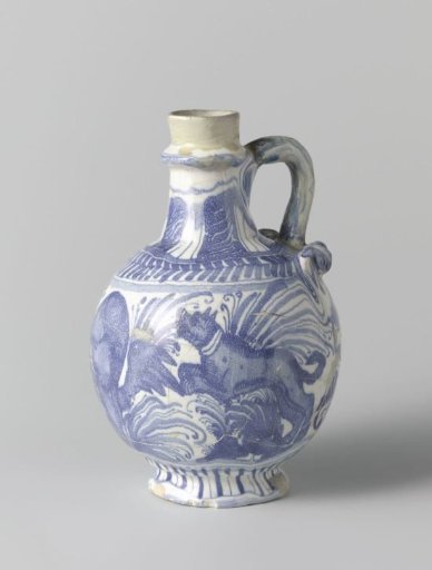 Mug decorated with a winged head and two attacking dogs