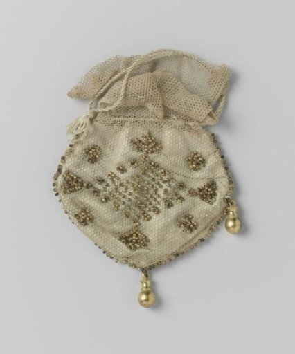 Small bag of beige tulle, with gold-coloured beads woven in on the front and back