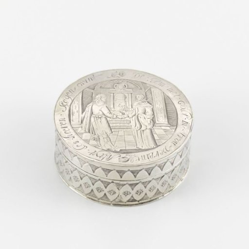 Round knot box with depiction of a young couple before an altar