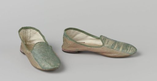 Slipper of faded pink silk, brocaded in strips with green, flat pink-red heel