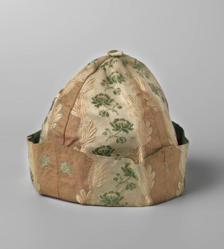 Cap of Striped Pink Silk Brocaded with Green Roses, Consisting of Four Pattes Each with an Attached Border Turned Back, with a Fabric-Covered Button in the Center of the Dome