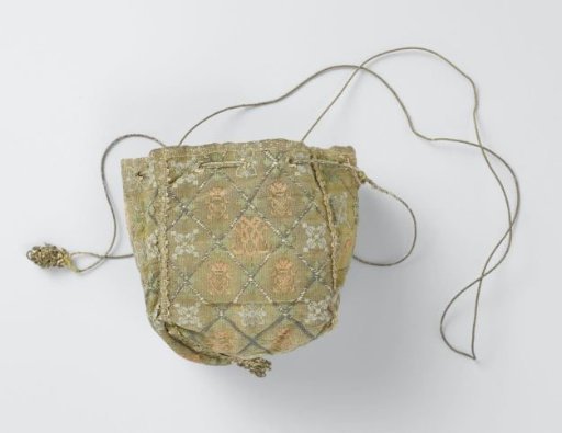 Purse consisting of four shield-shaped parts of silver and gold brocade with woven ornaments of a crowned and arrow-pierced heart and monogram V and C (?)