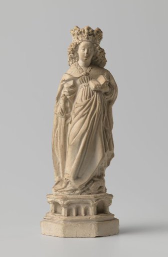 Statue of Saint Catherine with crown, book, wheel, and sword