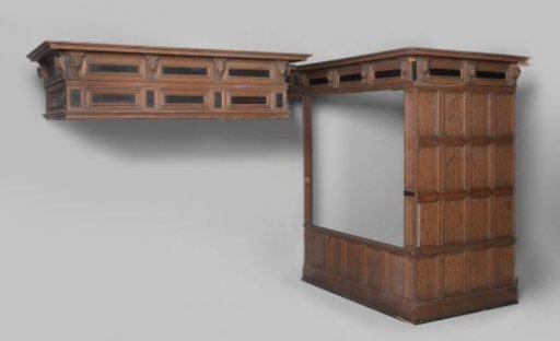 Bedstead of oak, decorated with ebony. With associated chimney piece.