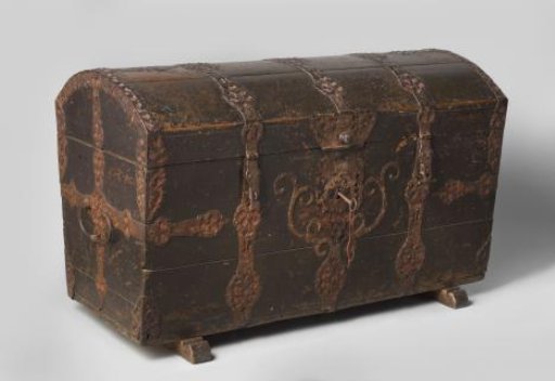 Chest with a curved lid, with iron fittings and the year 1750