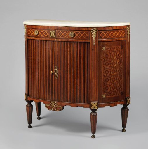 Cupboard with curved sides and cylinder doors, and a marble top