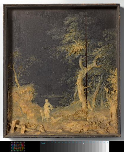 Landscape with a woman, child, and dog as stoffage, executed in yellow wax on black lacquered panel
