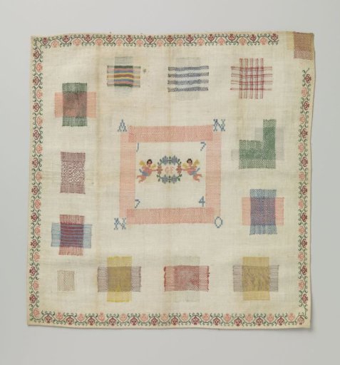 Sampler of multicolored silk and linen on cotton muslin.