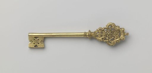 Key, so-called chamberlain's key of gilded bronze, with coat of arms and monogram FGGS of Franz Georg Graf von Schönborn, elector and archbishop of Trier