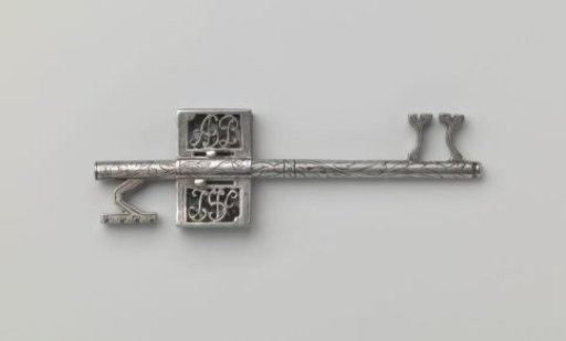 Key, so-called double key, engraved, with two bits and a square bow in which the cut-out initials AGP