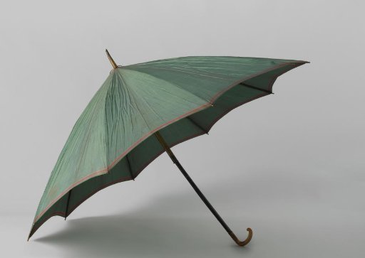 Umbrella and parasol with cover of plain blue-green silk with a red edge, on wooden shaft with horn handle