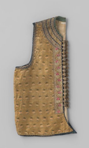 Vest of gold brocade, with an embroidered floral scatter motif, silver and gold brocade with colored embroidered flowers, blue-silver piping and 18 buttons of metal wire