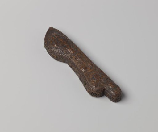 Case or sheath of wood, covered with brown leather, presumably for storing a spoon and knife