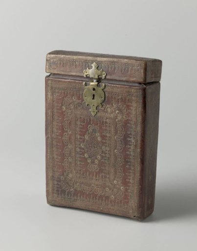 Wooden case, covered with red leather with gold ornaments