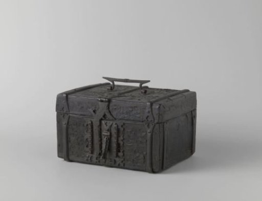 Wooden Chest Covered with Black Leather and Fitted with Decorative Iron Fittings