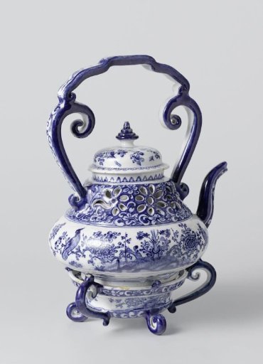 Kettle on a brazier, painted with flowers and birds in a garden