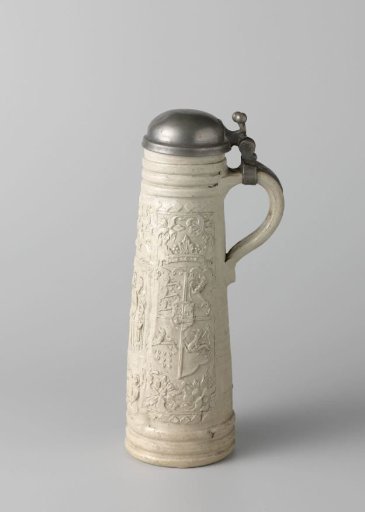 Cylindrical jug (turner's wheel) decorated with Biblical scenes and a coat of arms