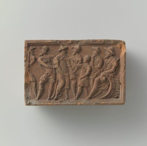 Fireplace stone with a representation of Daniel subjecting the two elders from the history of Susanna to separate interrogations