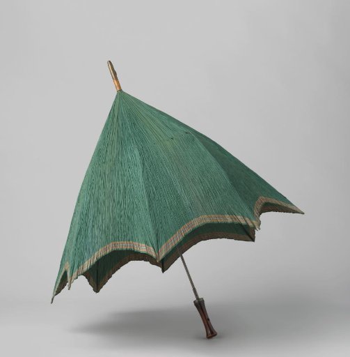Parasol with cover of green silk with woven stripe along the edge, on an iron shaft with a wooden handle