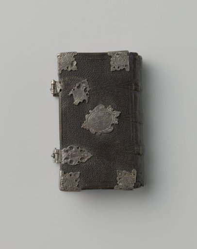 Black leather bookbinding with silver mounts, featuring a central silver cartouche with an empty coat of arms on the front
