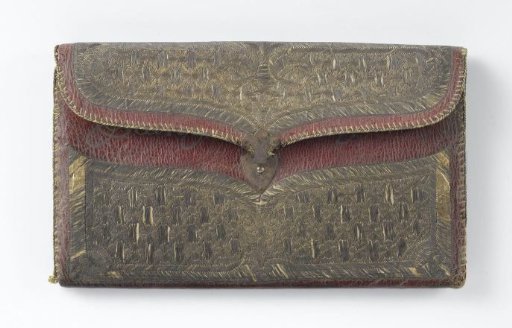 Letter bag in rectangular form of red leather, embroidered with silver and gold thread; on the flap embroidered with the name 'Jean Abraham Grill', 'Constantinople', '1754'