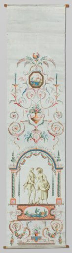 Wallpaper on linen, with a pavilion, figures, medallions and arabesques