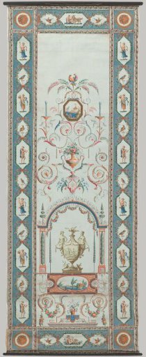 Wallpaper, mounted on linen, displaying arabesques, a bower, a medallion, and a vase in the border