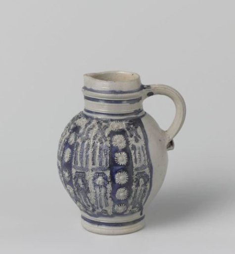 Jug with towers, female figures and flower roundels