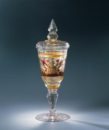 Beaker of Zwischengoldglas, with a powder barrel with armorial trophies and a flower basket