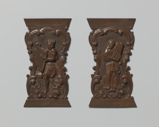 Models for brackets of a book clasp with David and Moses, surrounded by rococo ornament