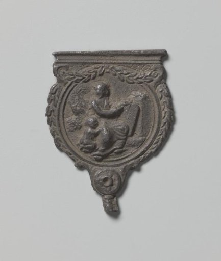 Model for a clasp of a book lock with a seated figure with a law tablet and child